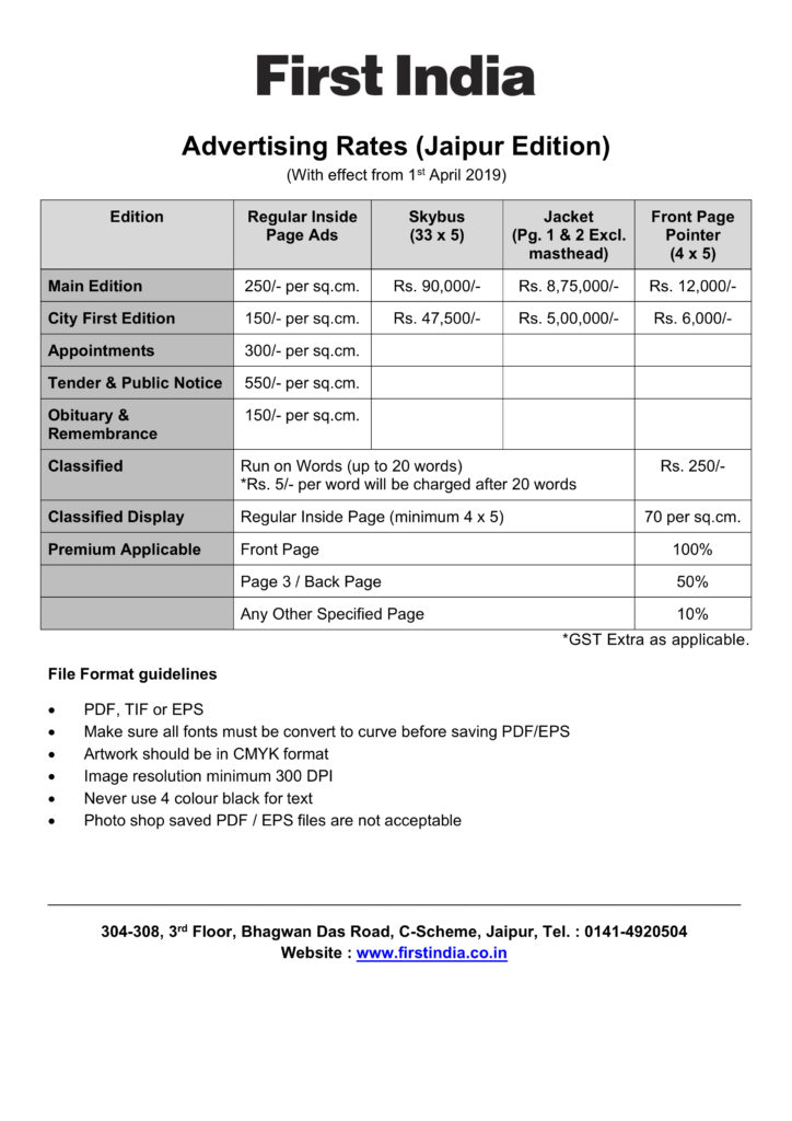 First India Rate Card