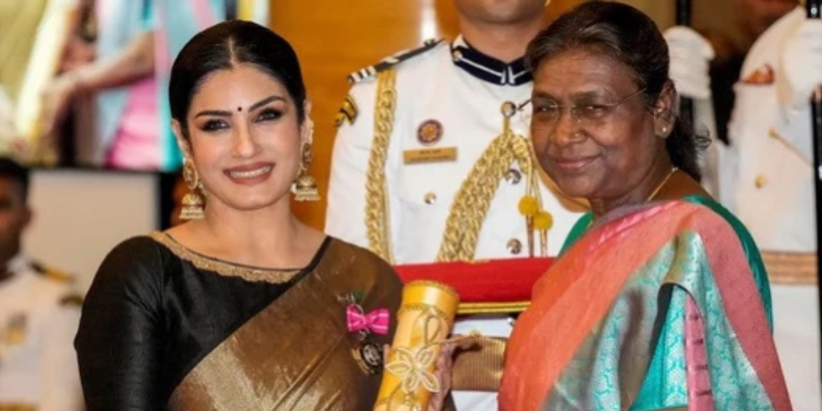 Actress Raveena Tandon receives Padma Shri by the President of India