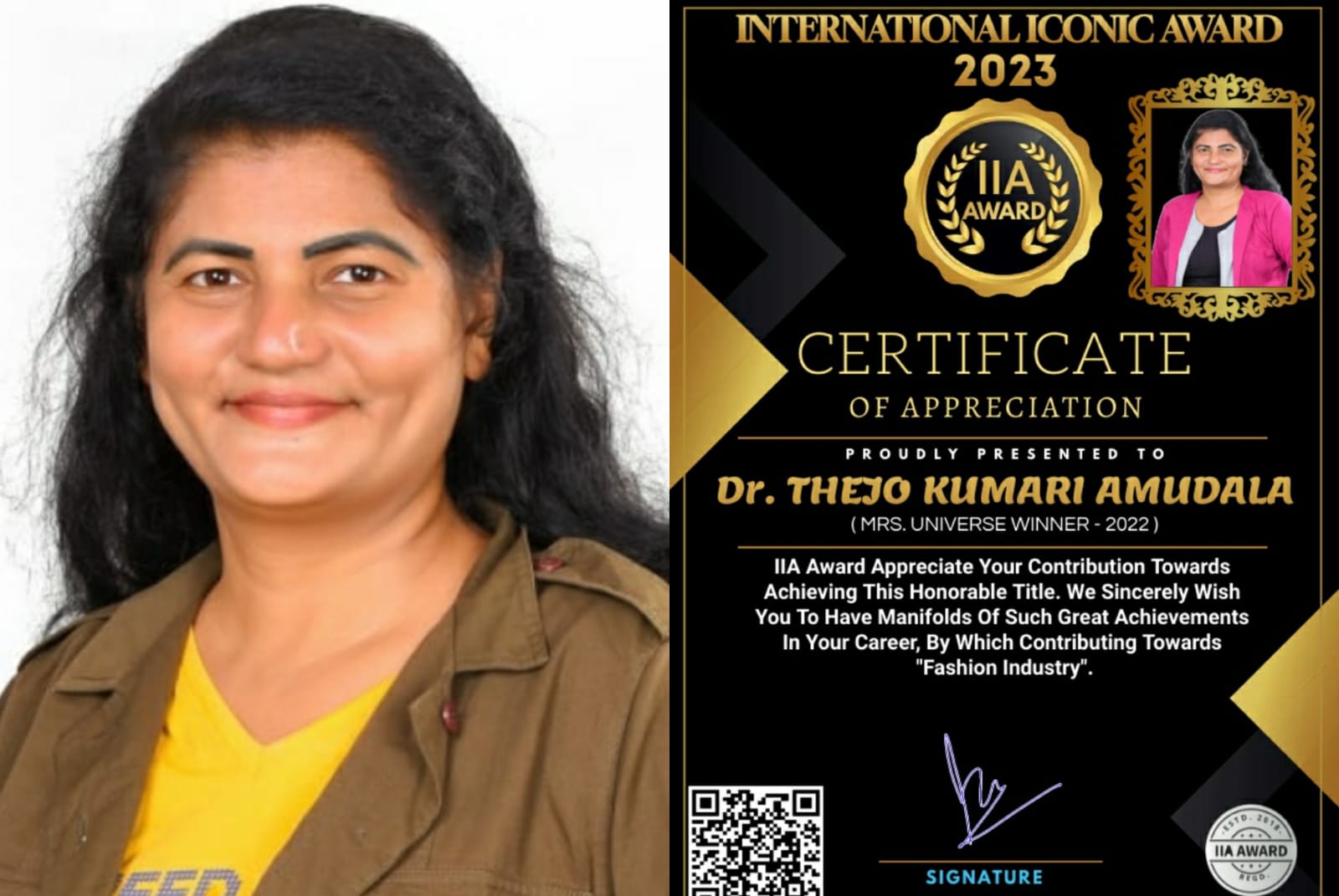 Mrs. Universe 2022 Dr. Thejo Kumari Amudala Bestowed With Prestigious International Iconic Award 2023