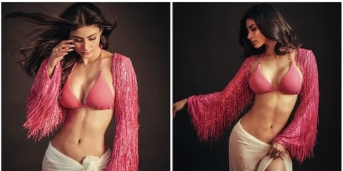 Mouni Roy sizzles in a pink bikini top and tassel shrug