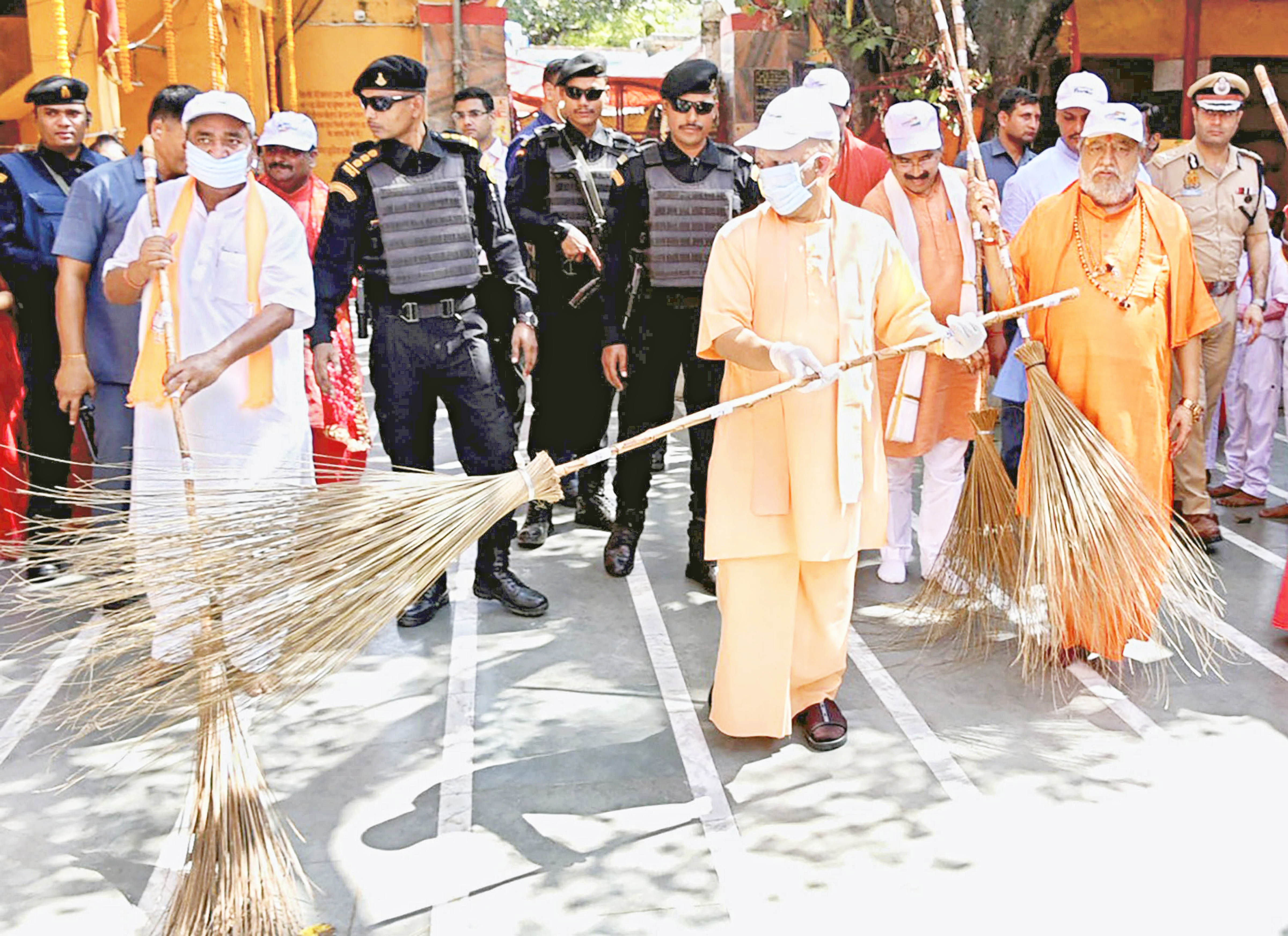 UP CM Yogi Adityanath participates in a cleanliness drive organised under the 'Swachchta Pakhwada: Swachchta hi Seva' campaign ahead of Gandhi Jayanti, in Sitapur.