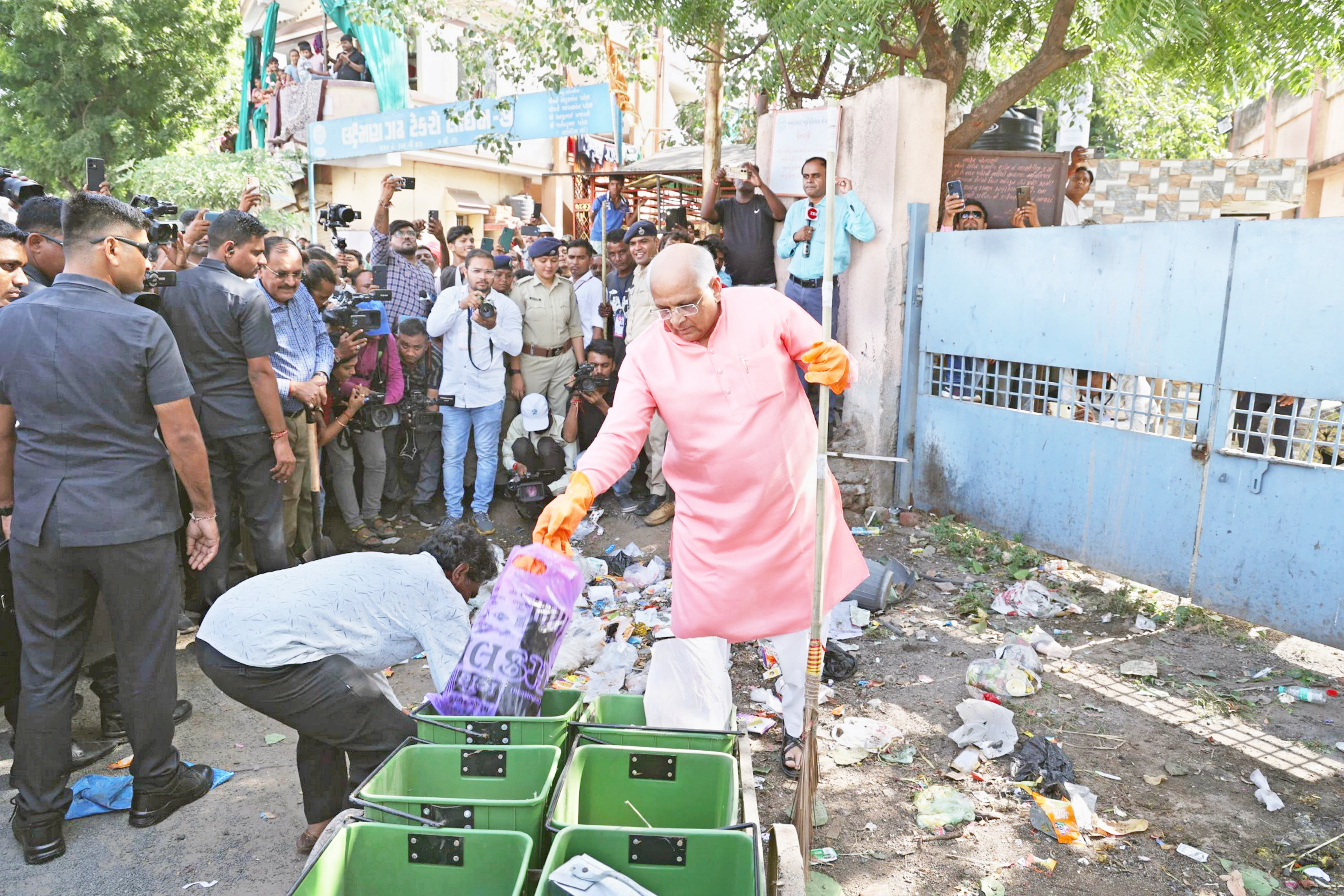 Gujarat Chief Minister Bhupendra Patel participates in a cleanliness drive organised under the 'Swachchta Pakhwada: Swachchta Hi Seva' campaign ahead of Gandhi Jayanti, at Ghatlodia in Ahmedabad district.