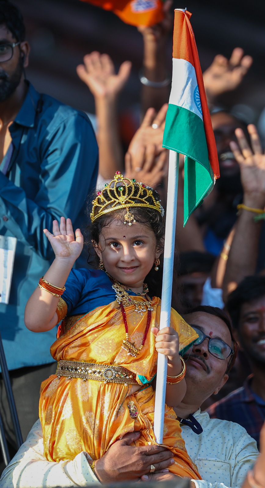 A child dressed up as Bharat Mata at the laying of the foundation stone of various developmental projects in Nizamabad on Tuesday.