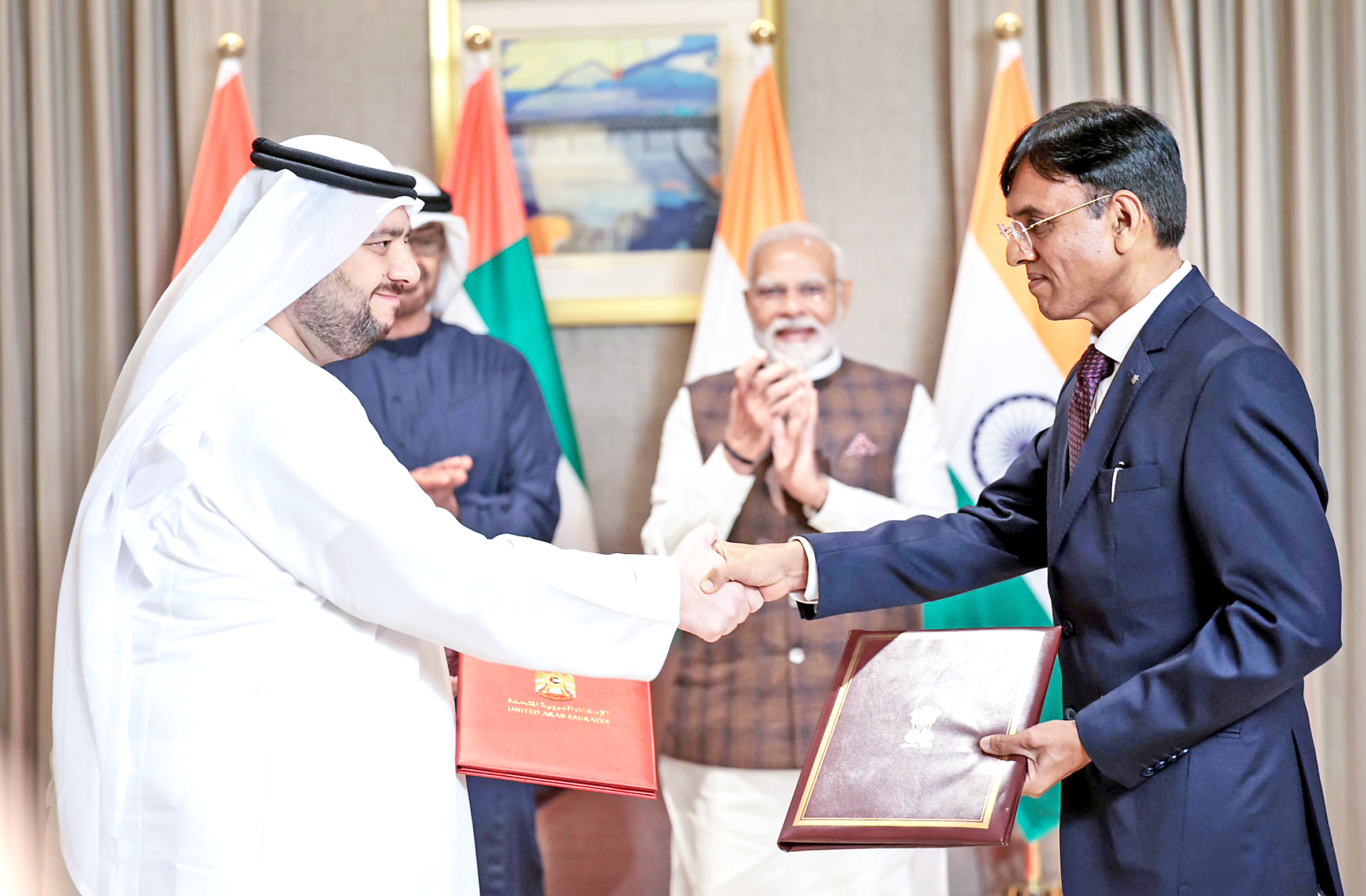 UAE President Mohamed bin Zayed Al Nahyan and PM Narendra Modi witness MoU exchange ceremony between India and UAE on the field of health by Union Health Minister Mansukh Mandaviya.