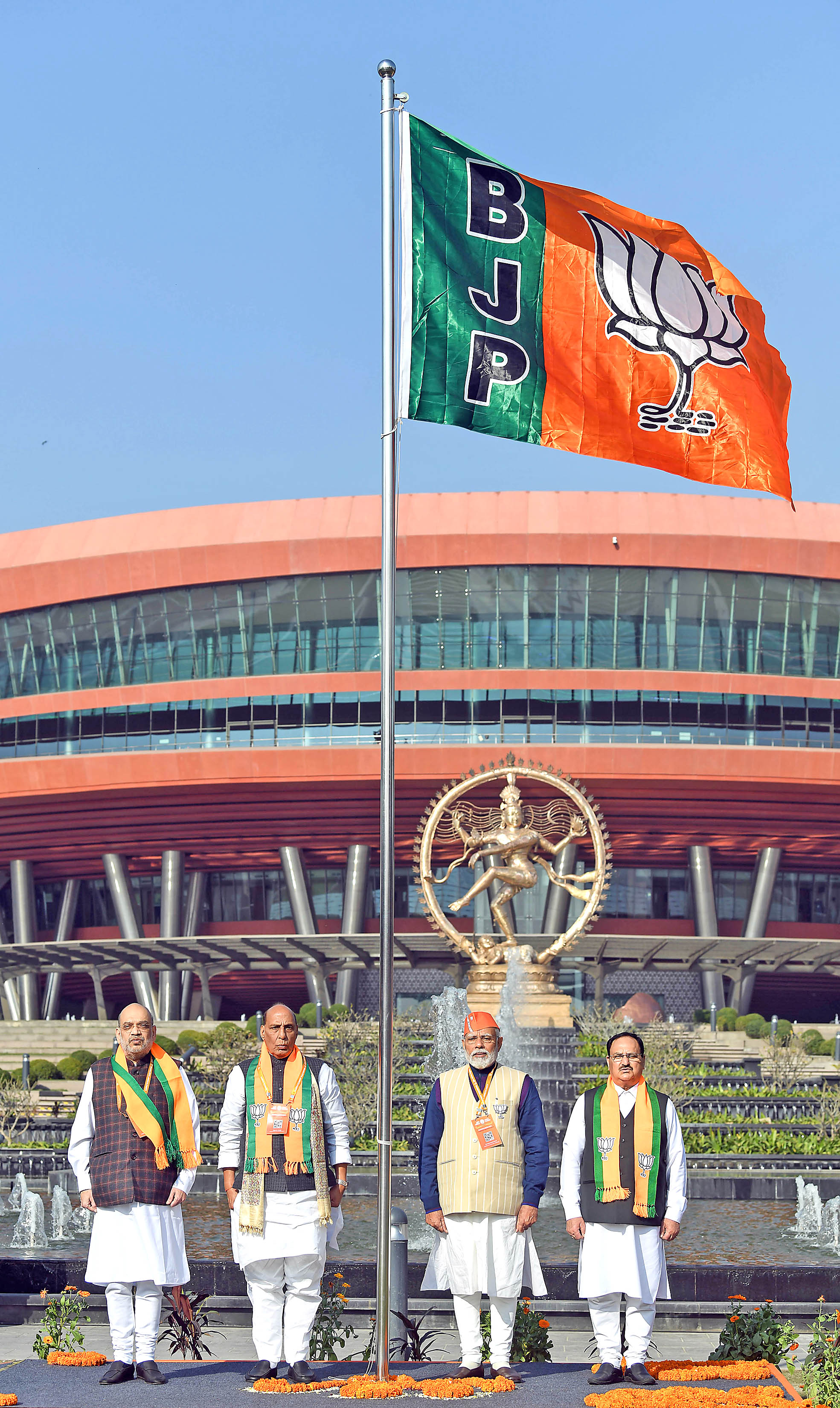 PM Narendra Modi, Amit Shah, JP Nadda and Rajnath Singh after hoisting the party flag.