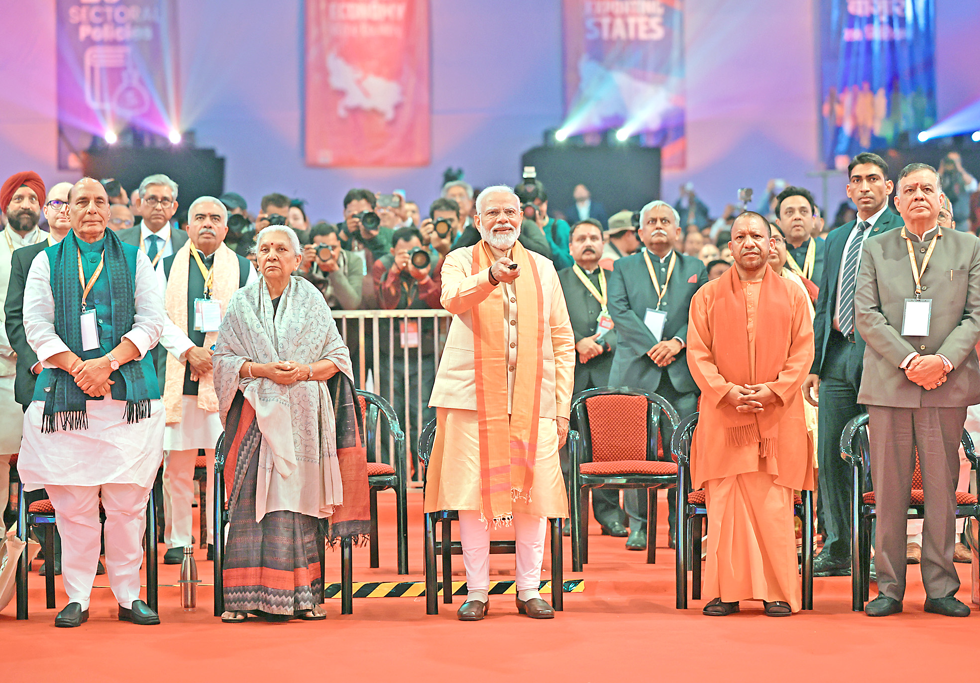 PM Modi with Rajnath Singh, Anandiben Patel, Yogi Adityanath and others at the 4th Groundbreaking Ceremony of the UP Global Investors' Summit, in Lucknow.